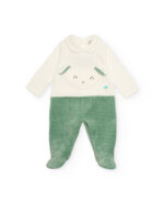 Tutina in velluto per neonato nei toni del verde e bianco con faccina ricamata