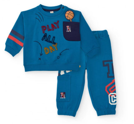 Completo blu per bambino con stampe e ricami sportivi – Felpa e pantaloni garzati